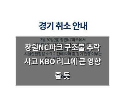 창원NC파크 구조물 추락 사고 KBO 리그에 큰 영향 줄 듯